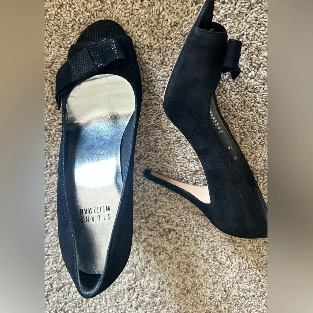 Stuart Weitzman Vampy Coquette Bowover Black Sparkle‎ Peep Toe SZ 6